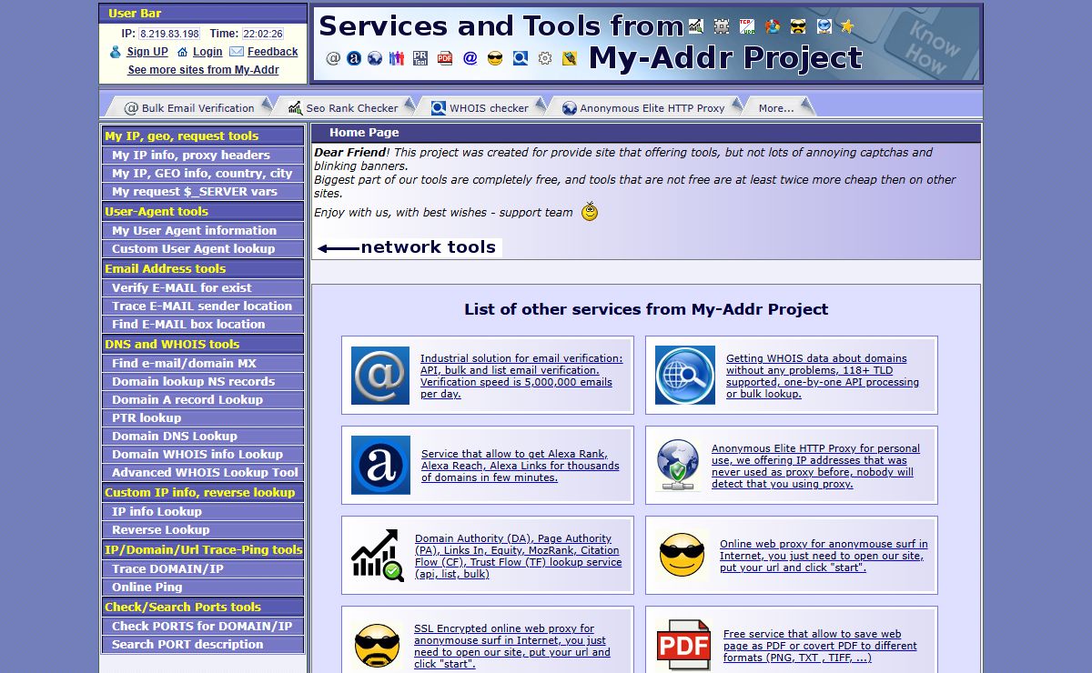 Online Free Network tools lookup:IP,Domains,Emails,Trace,Ping,DNS, etc.