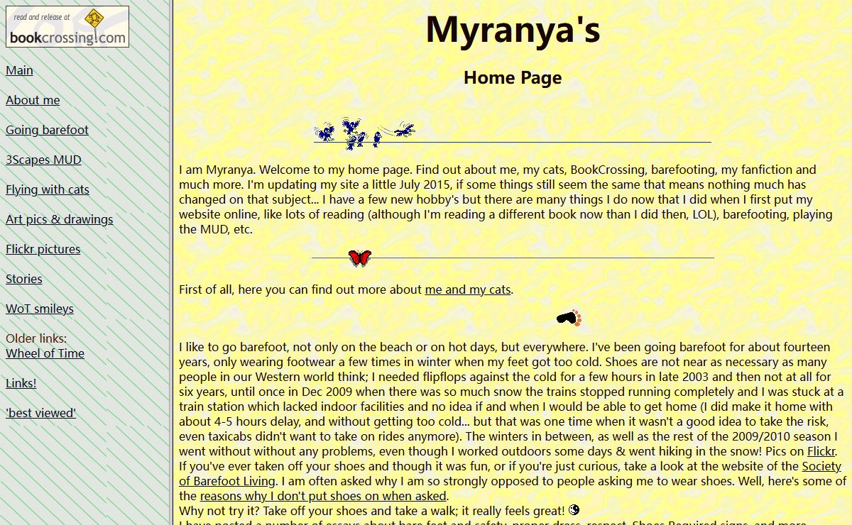Myranya's Home Page: about me, my hobbies, sounds, fan fiction, flying with cats and lots more.