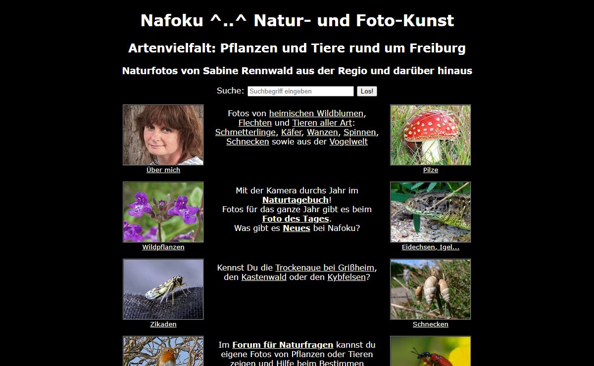 Homepage von Nafoku: Pflanzen und Tiere, Insekten, Spinnen, Libellen, Naturtagebuch und Foto des Tages