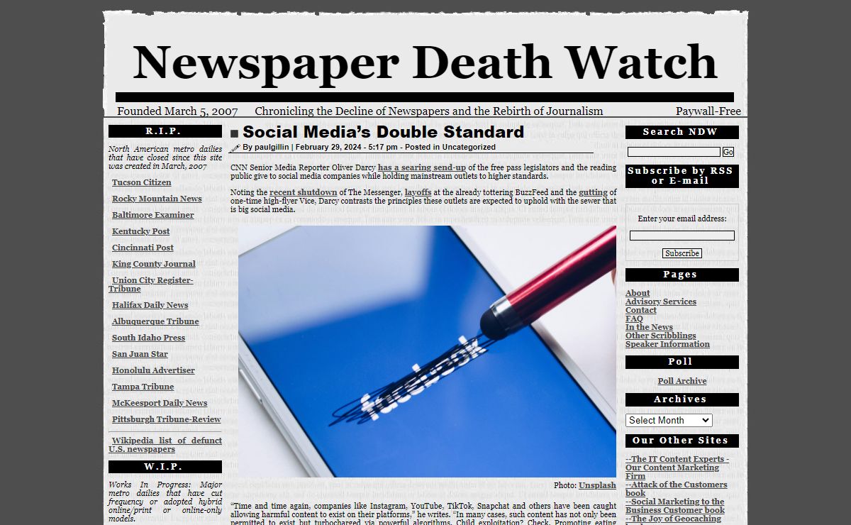 Newspaper Death Watch - Chronicling the Decline of Newspapers and the Rebirth of Journalism