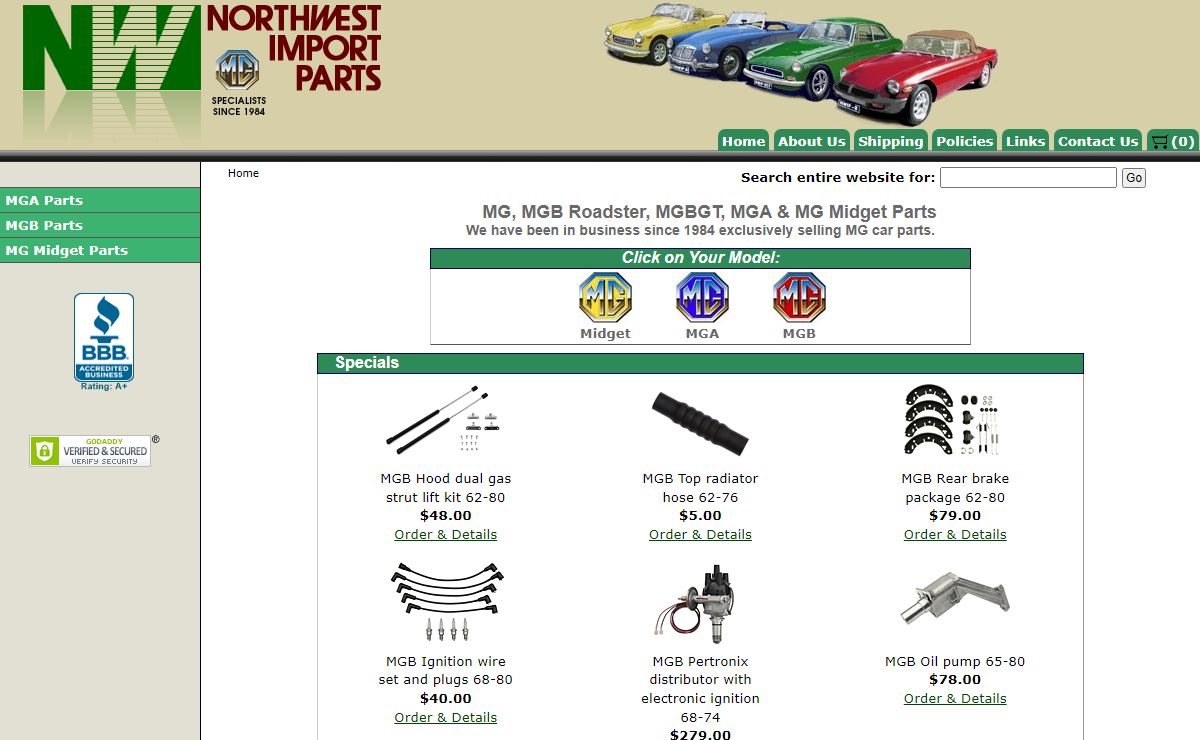 MGB MG Midget MGA MGBGT Auto Car Parts Restoration Northwest Import Parts