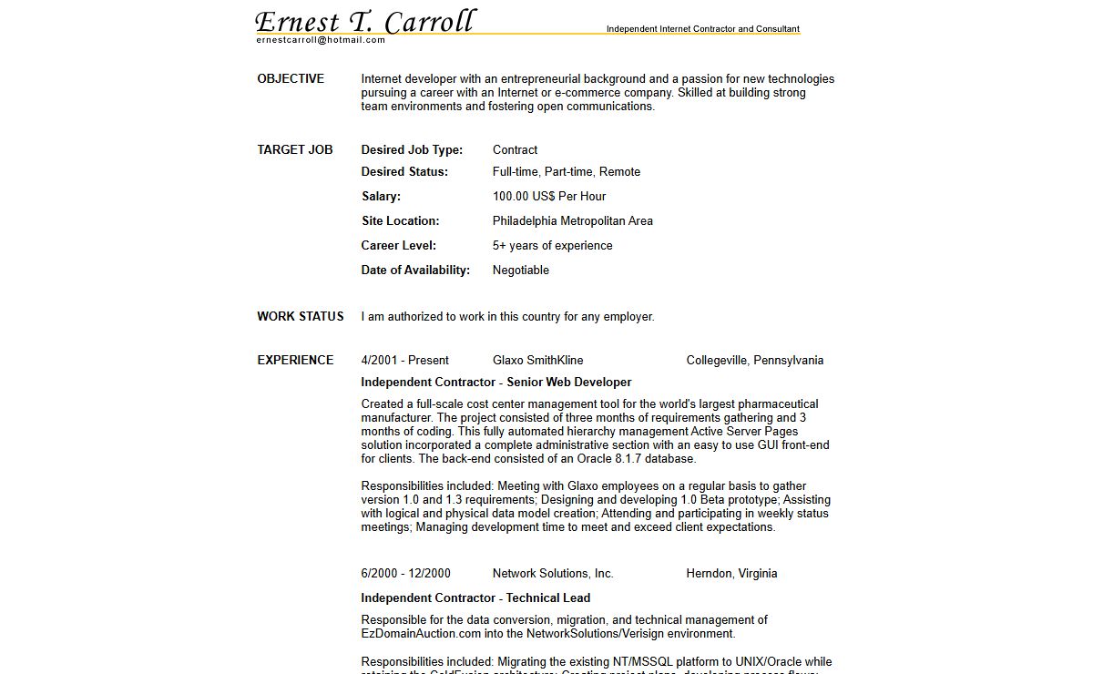 ColdFusion, ASP, SQL, Consulting, Contract, Ernest T. Carroll