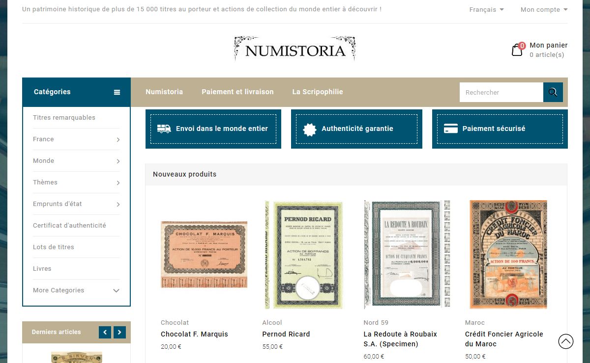 Numistoria, Scripophilie : anciennes actions de collection et titres de bourse