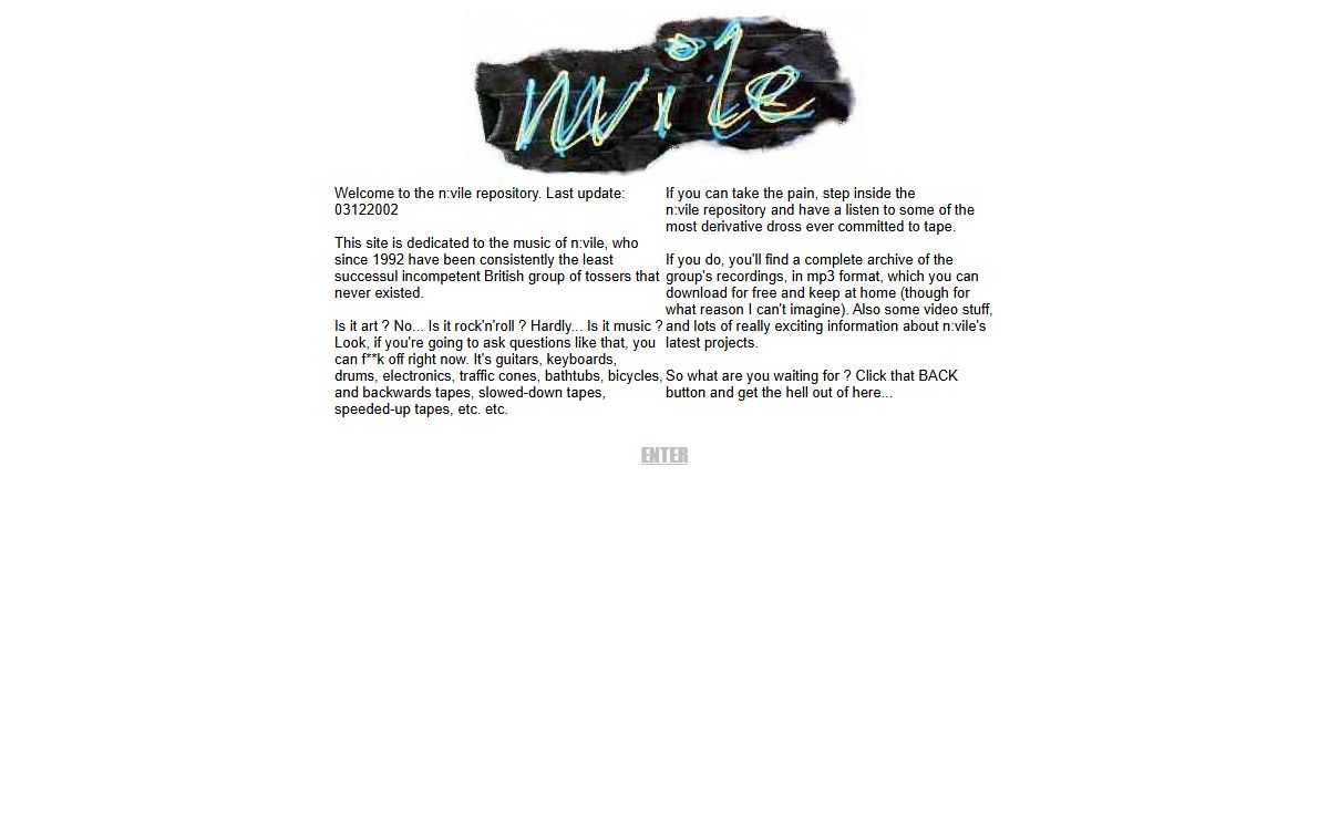 The n:vile repository. Original and free music. Internet exclusive. FREE MP3 DOWNLOADS, STREAMING AUDIO AND VIDEO.