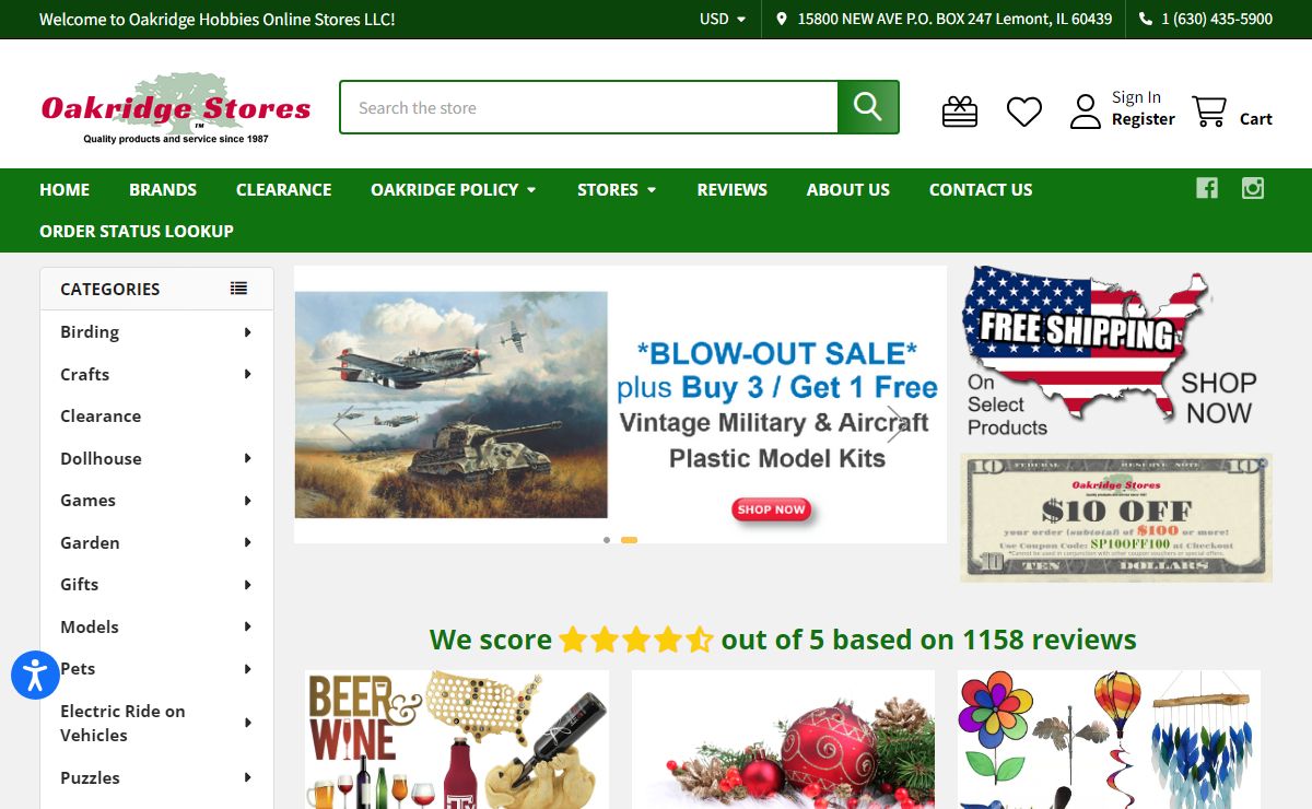 Oakridge Stores | Hobbies, Craft, Scale Modeling, Dollhouse, Electric Ride on Vehicles, Power Wheels Parts, SongBird Essentials, Toy Trains, Garden Decor, Gifts, Jigsaw Puzzles, Consignment Resale Shop, RVing, Boating, Camping, Building Toys, Science Kits, Slot Car Race Sets