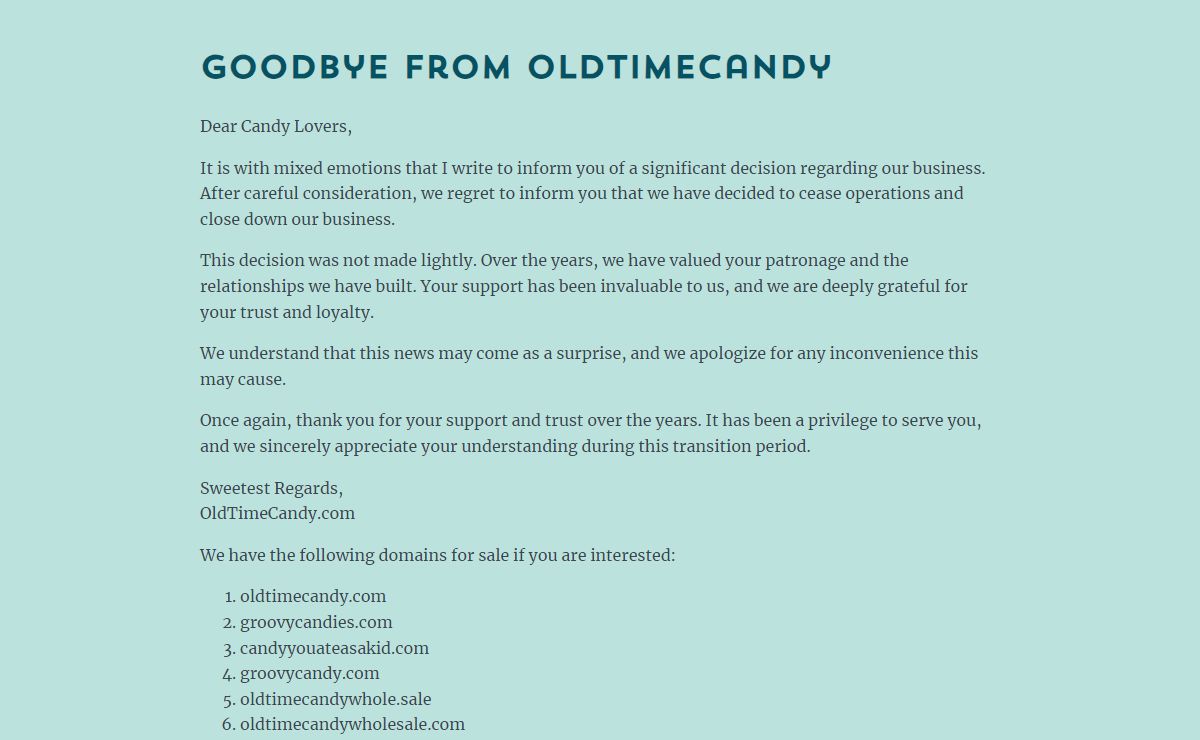 Goodbye from OldTimeCandy