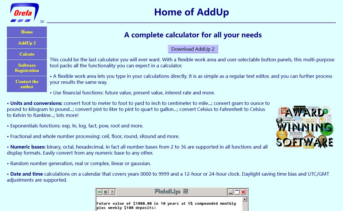 Add Up: multi-purpose calculator/converter, finance, science, statistics, date and time, convert units: meter inch foot yard mile centimeter metre gram ounce pound kilogram kg liter pint quart gallon Celsius Fahrenheit Kelvin Rankine, bit-level functions, numeric bases, complex, random