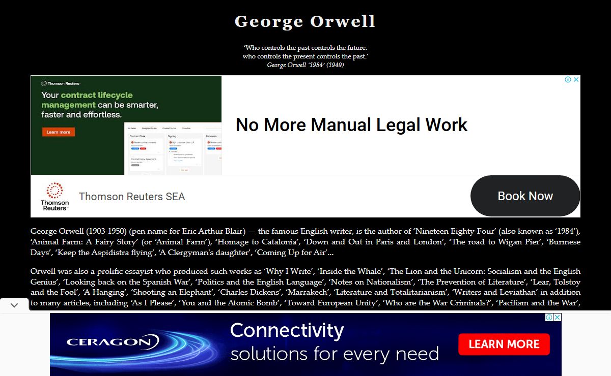 George Orwell - Eric Arthur Blair. Novels. Essays. Articles. Reviews. Biography. Bibliography.