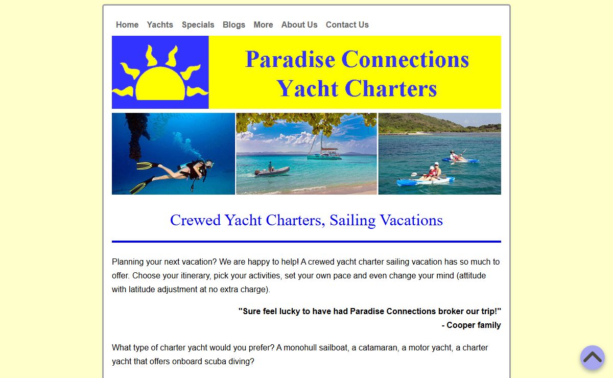 Catamaran Yacht Charters Virgin Islands USVI BVI | All Inclusive Caribbean Crewed Yacht Charters | Sailing Vacations | Catamaran Charters | Scuba Diving | Paradise Connections