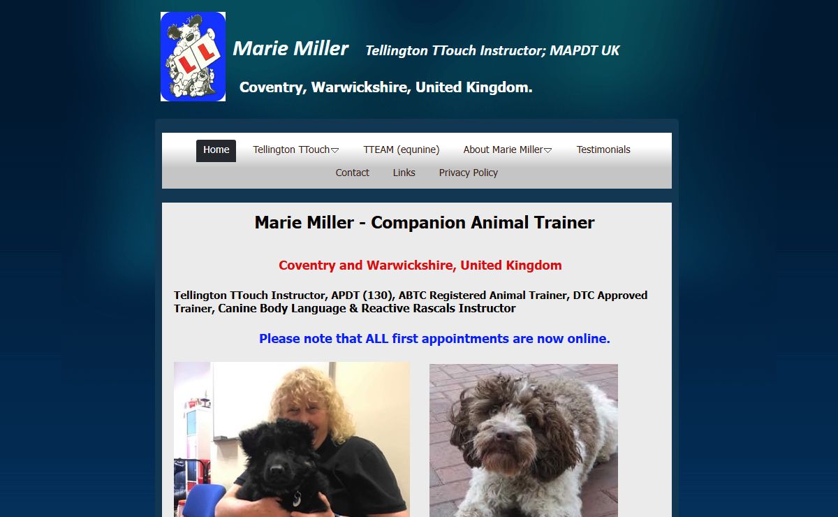 Marie Miller - Companion Animal Trainer | Marie Miller Tellington TTouch Instructor; MAPDT UK Coventry, Warwickshire, United Kingdom. | marie@pawsnlearn.co.uk