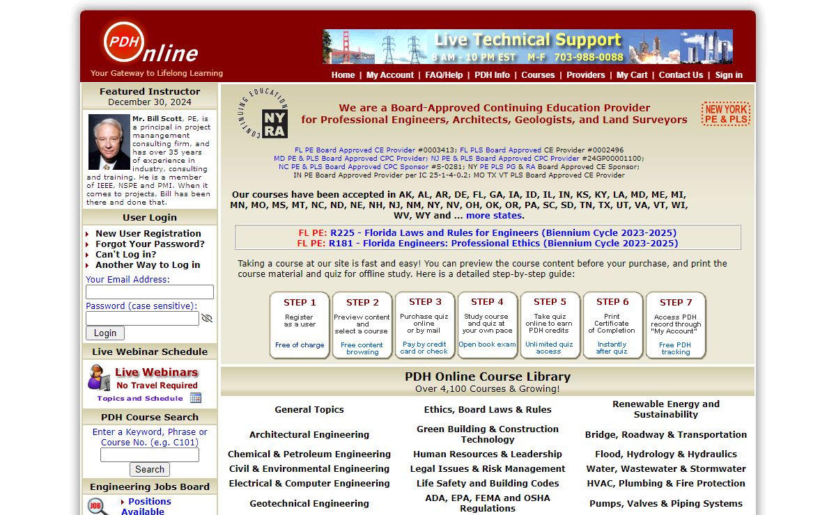 Online PDH Provider for Engineers Land Surveyors Architects PE CEU PLS CPC LS CPD PDU - Professional Development Hours and Continuing Education Units for AIA LU RA sponsor courses credits hour units self home study PDH free CEU license renewal CE design civil engineer structural mechanical electrical architectural engineering