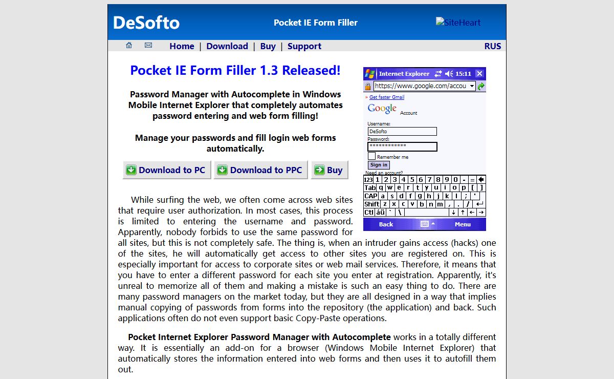 Password Manager with autocomplete for Windows Mobile IE browser - Download - DeSofto