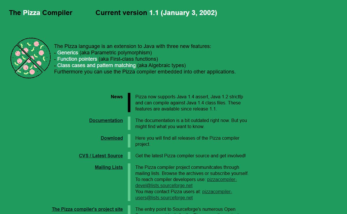 The Pizza Compiler, an Open Source compiler for a Java superset