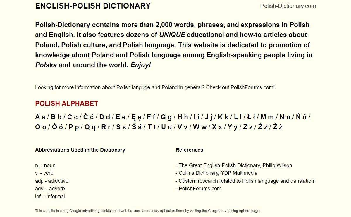 English-Polish Dictionary, Alphabet, Language, and Poland Articles