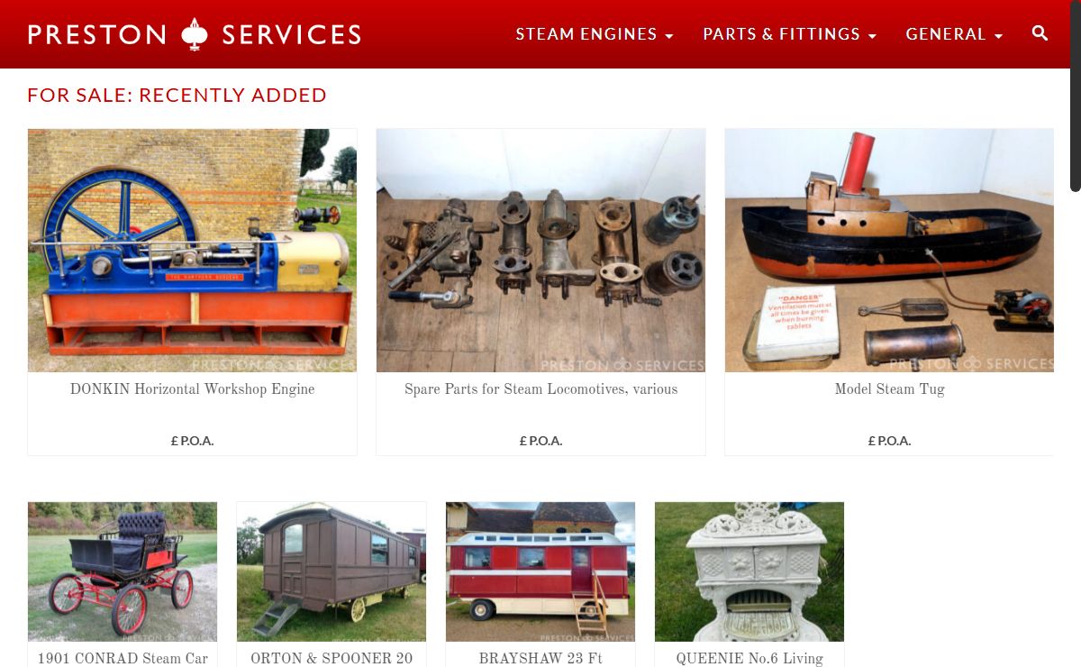 PRESTON SERVICES - Suppliers of all types of steam engines including traction engines and steam rollers. Huge stock of parts and fittings from boilers to whistles to valves and boiler injectors.