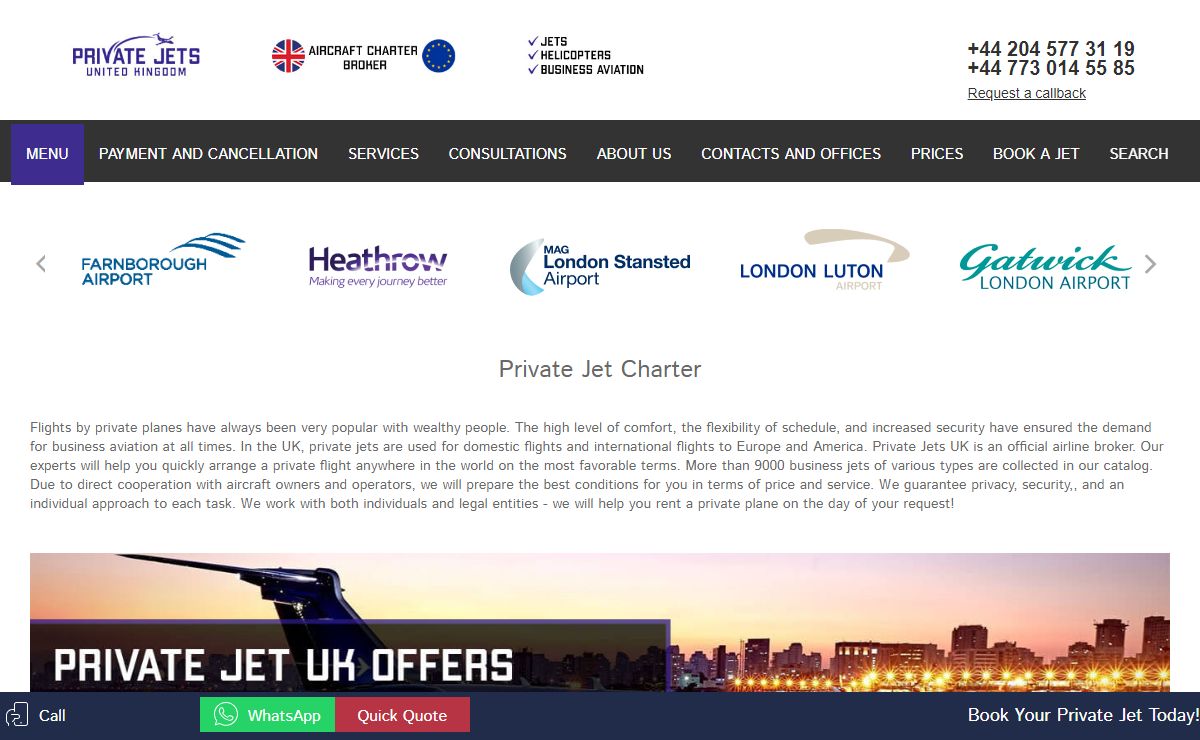Private jet rental - prices, book a private jet flight in the UK