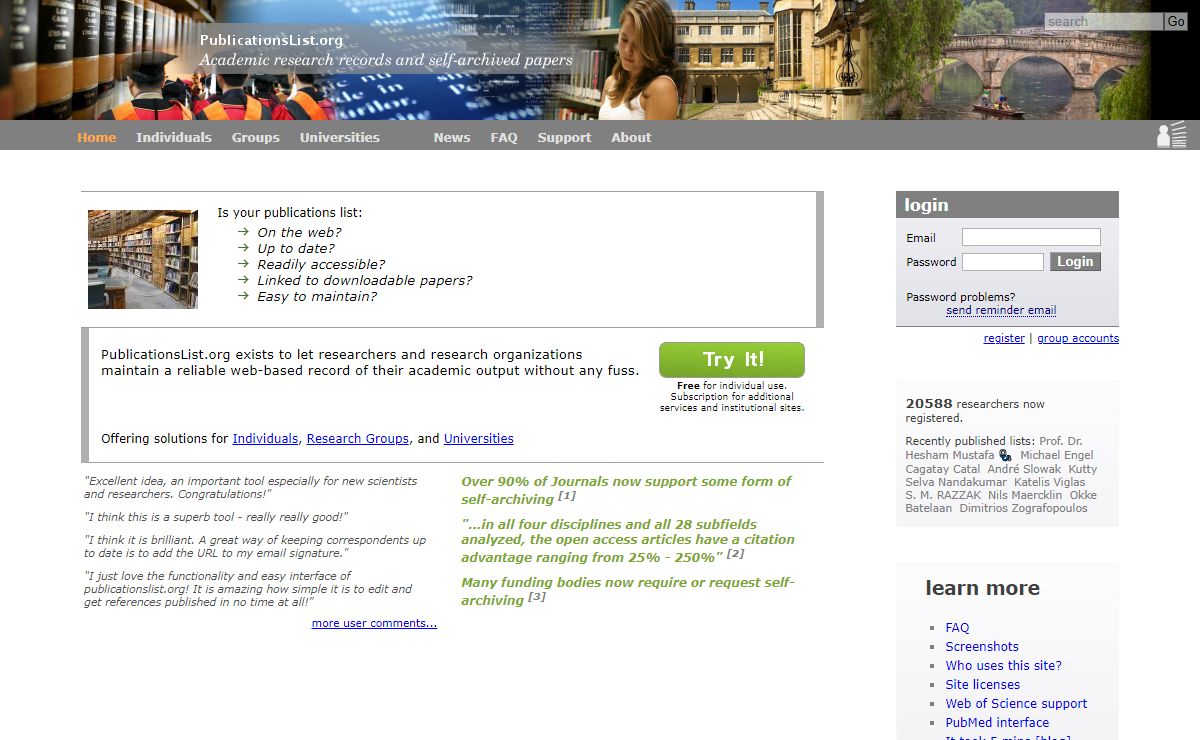 PublicationsList.org - your academic publications list online with endnote, reference manager, bibtex and PubMed / MEDLINE ( NCBI, NLM, NIH ) import and export - improve impact factor and citations