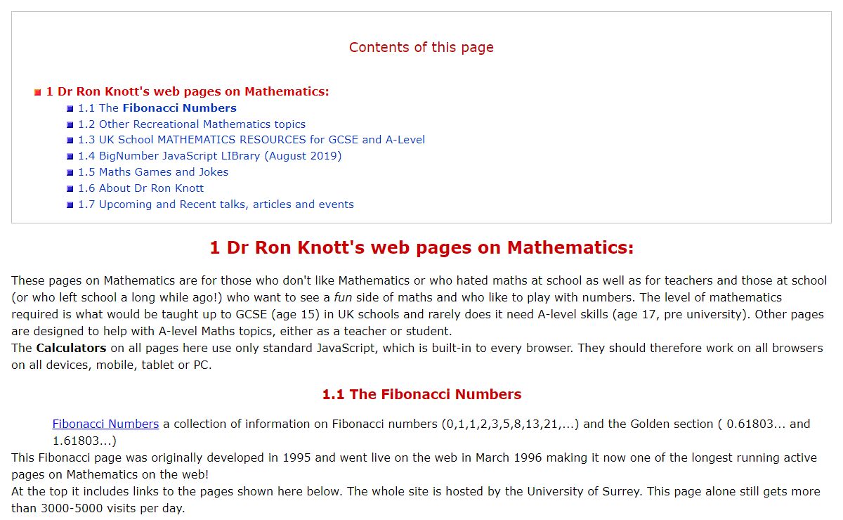 Ron Knott's Mathematics Pages and Contact details