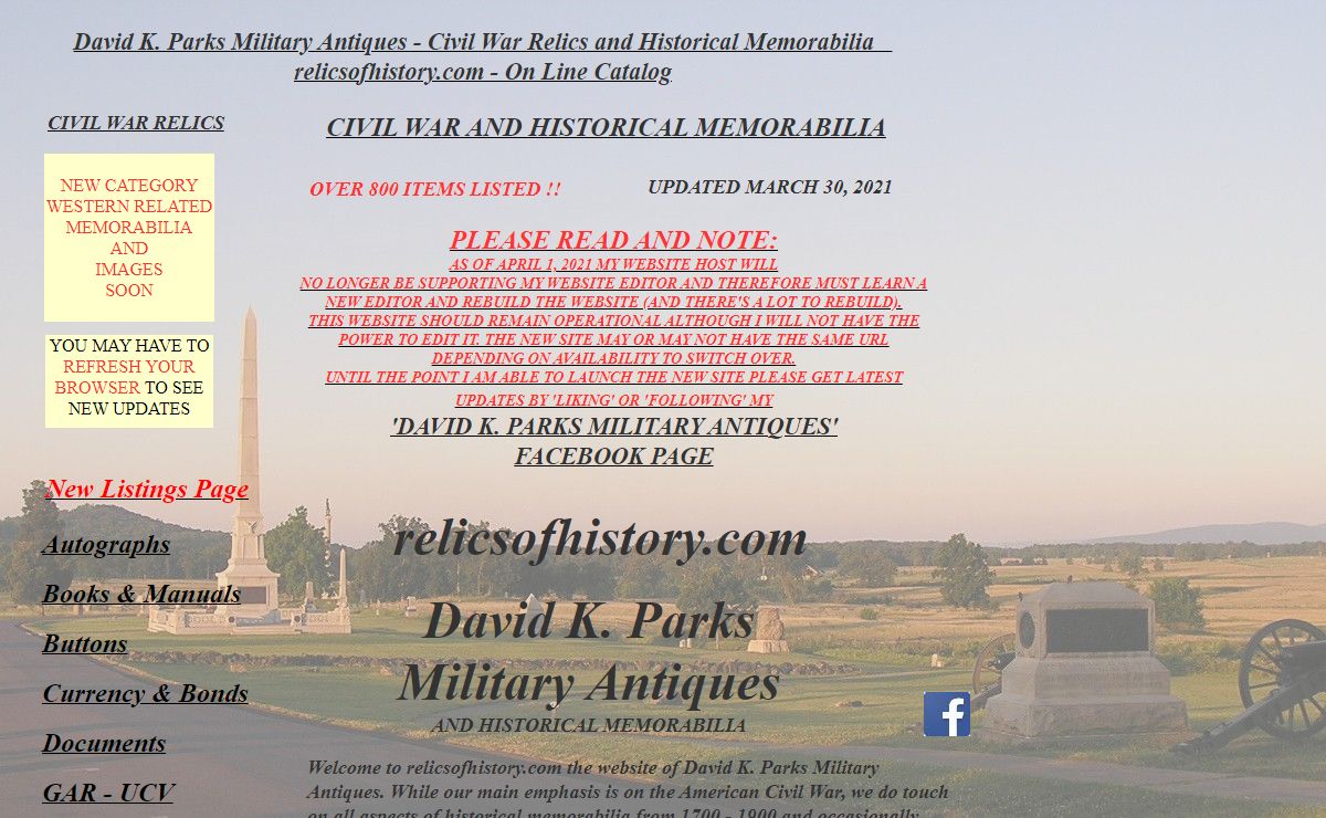 David K. Parks Military Antiques, Civil War, Relics, Memorabilia