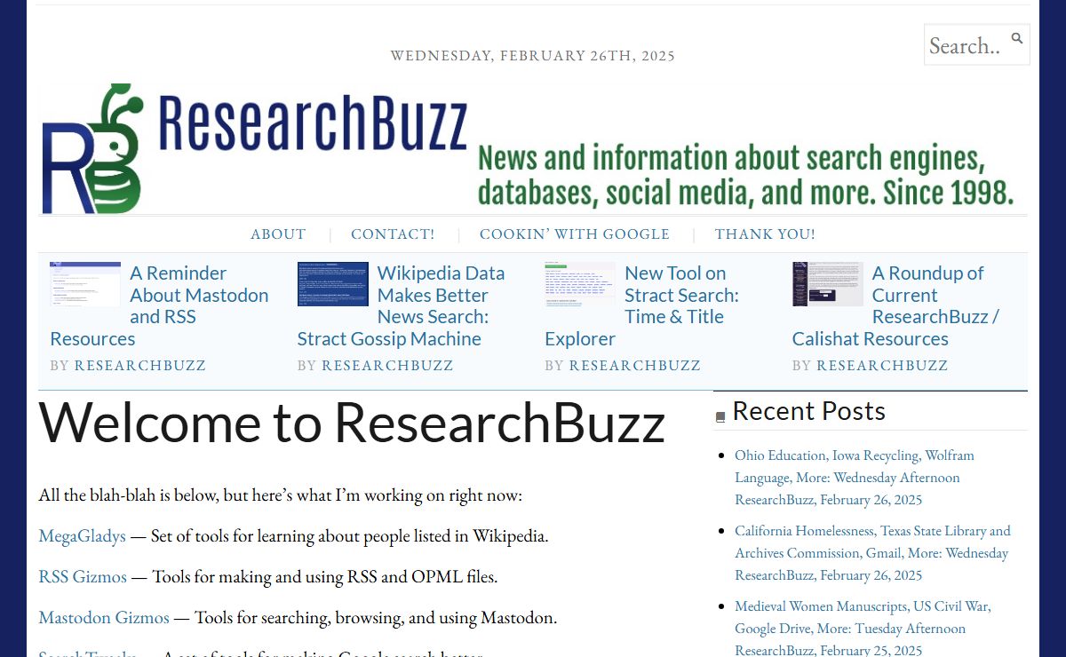 ResearchBuzz – News and resources covering social media, search engines, databases, archives, and other such information collections. Since 1998.