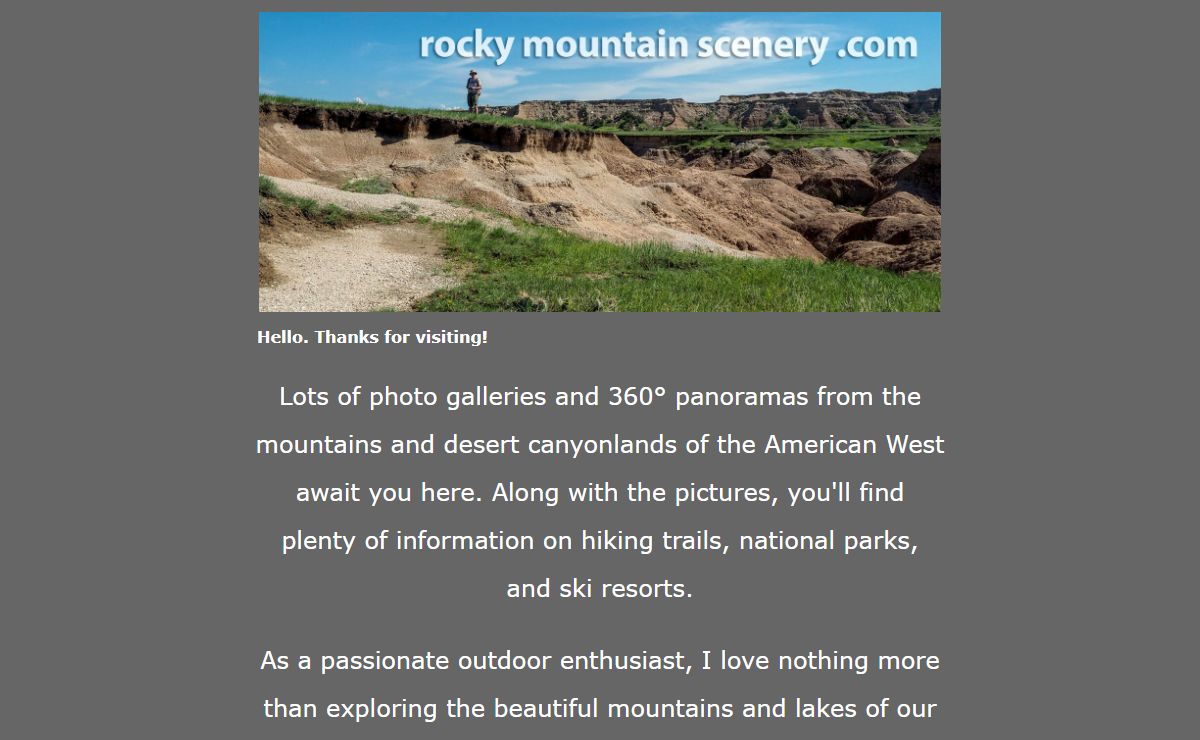 Rocky Mountain Scenery - Hiking Trails, National Parks, Ski Areas - Photo Galleries and Interactive VR Panoramas