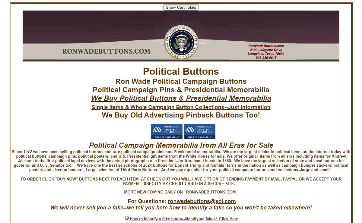 Ron Wade Political Campaign Buttons and Presidential Memorabilia