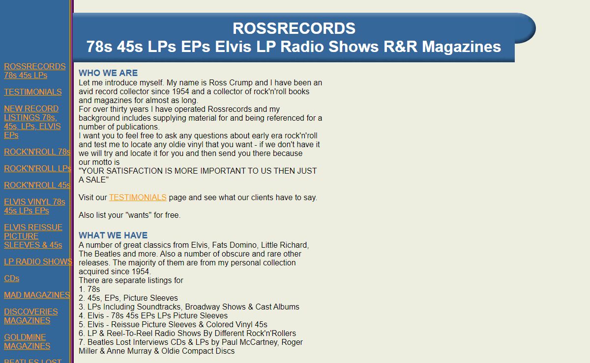 ROSSRECORDS 78s 45s LPs EPs Elvis LP Radio Shows Comics