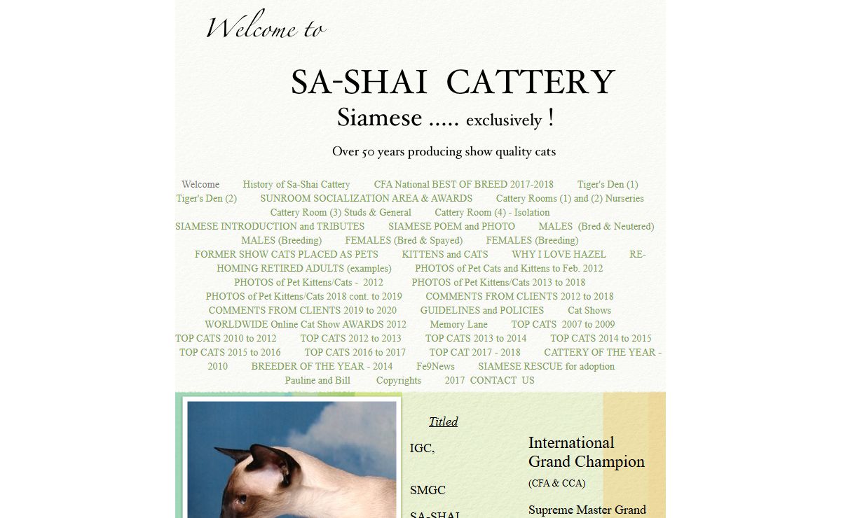 Welcome to SA-SHAI CATTERY Siamese ..... exclusively ! Over 50 years producing show quality cats