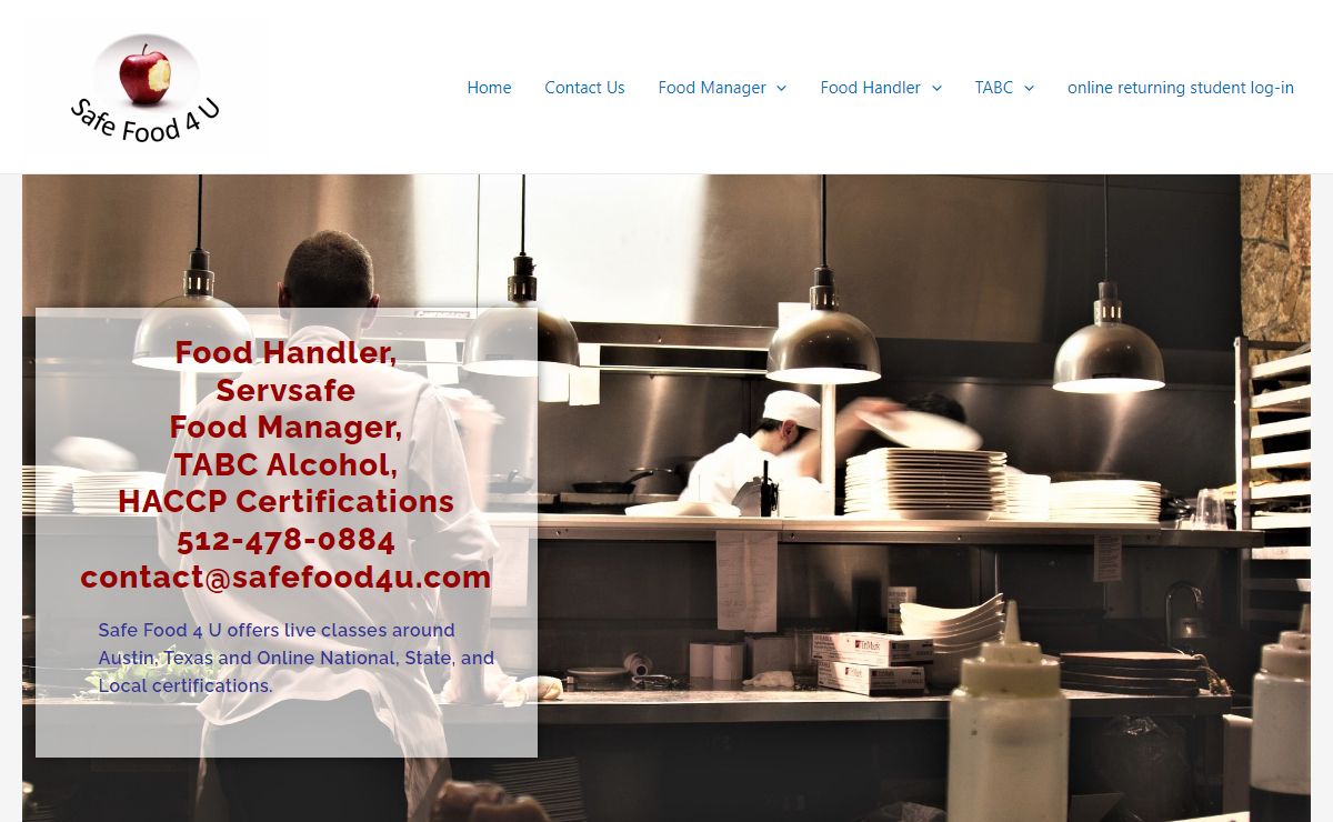 ANSI food handler, Texas and Servsafe food manager, TABC, Haccp classes.