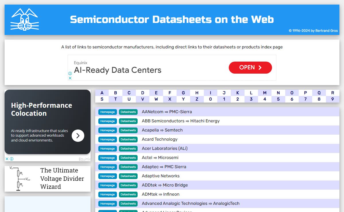 Semiconductor Datasheets on the Web - 'A' page