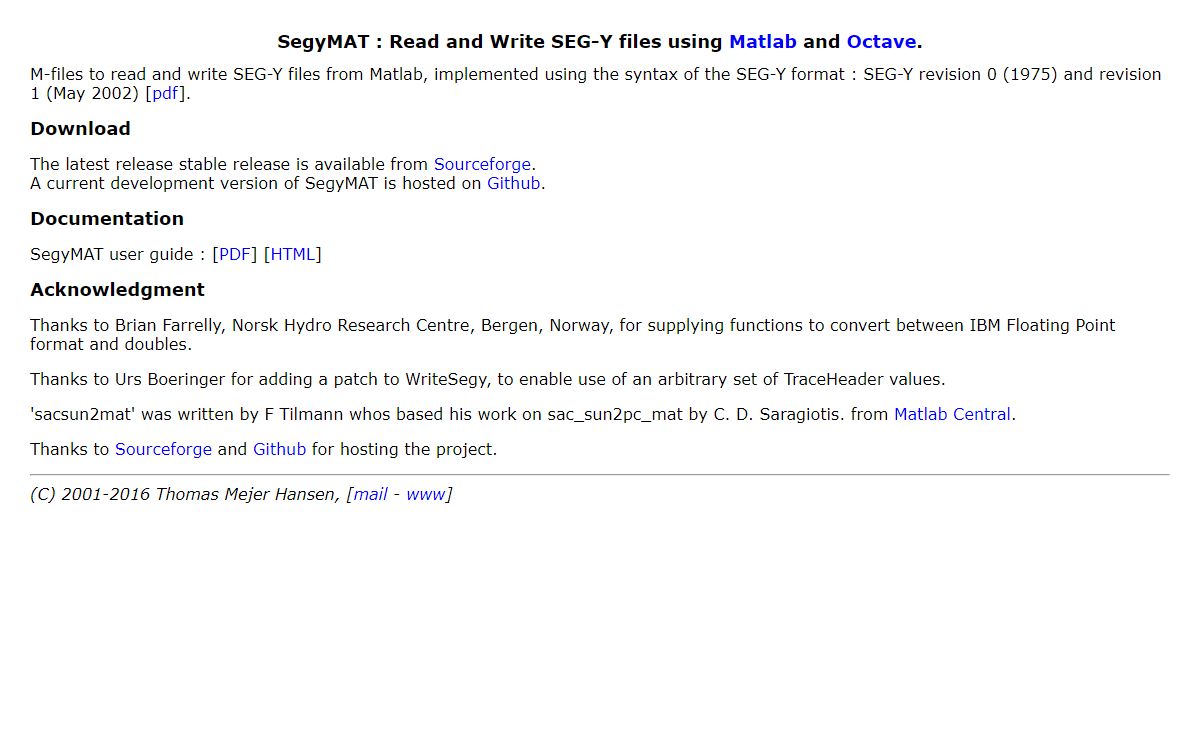 SegyMAT : A Matlab and Octave toolbox for reading and writing SEG-Y formatted files
