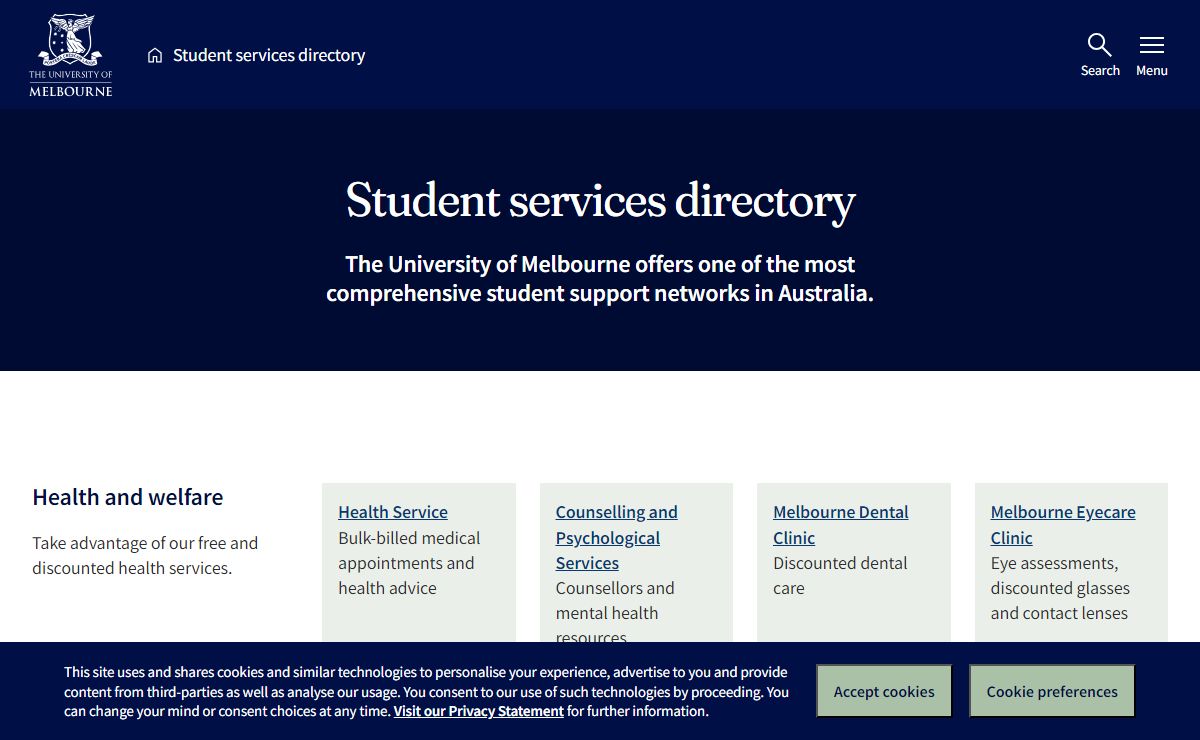 Student services directory : University of Melbourne