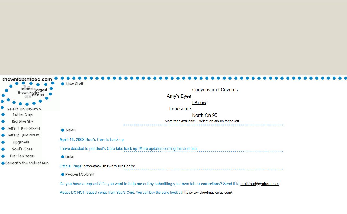 shawntabs.tripod.com > The internet's largest and best Shawn Mullins guitar tab collection...