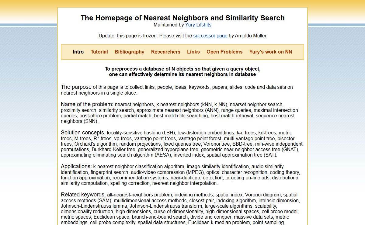 The Homepage of Nearest Neighbors and Similarity Search