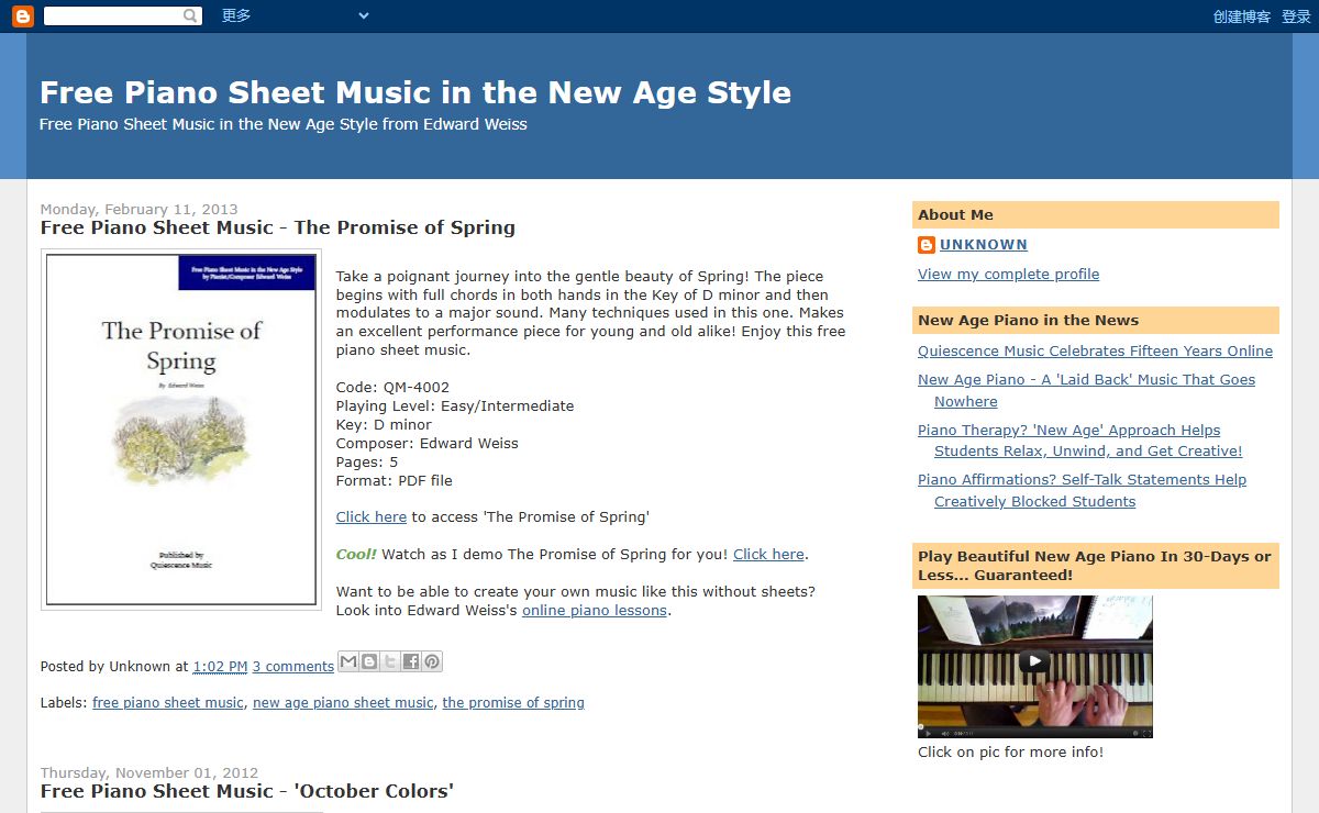 Free Piano Sheet Music in the New Age Style