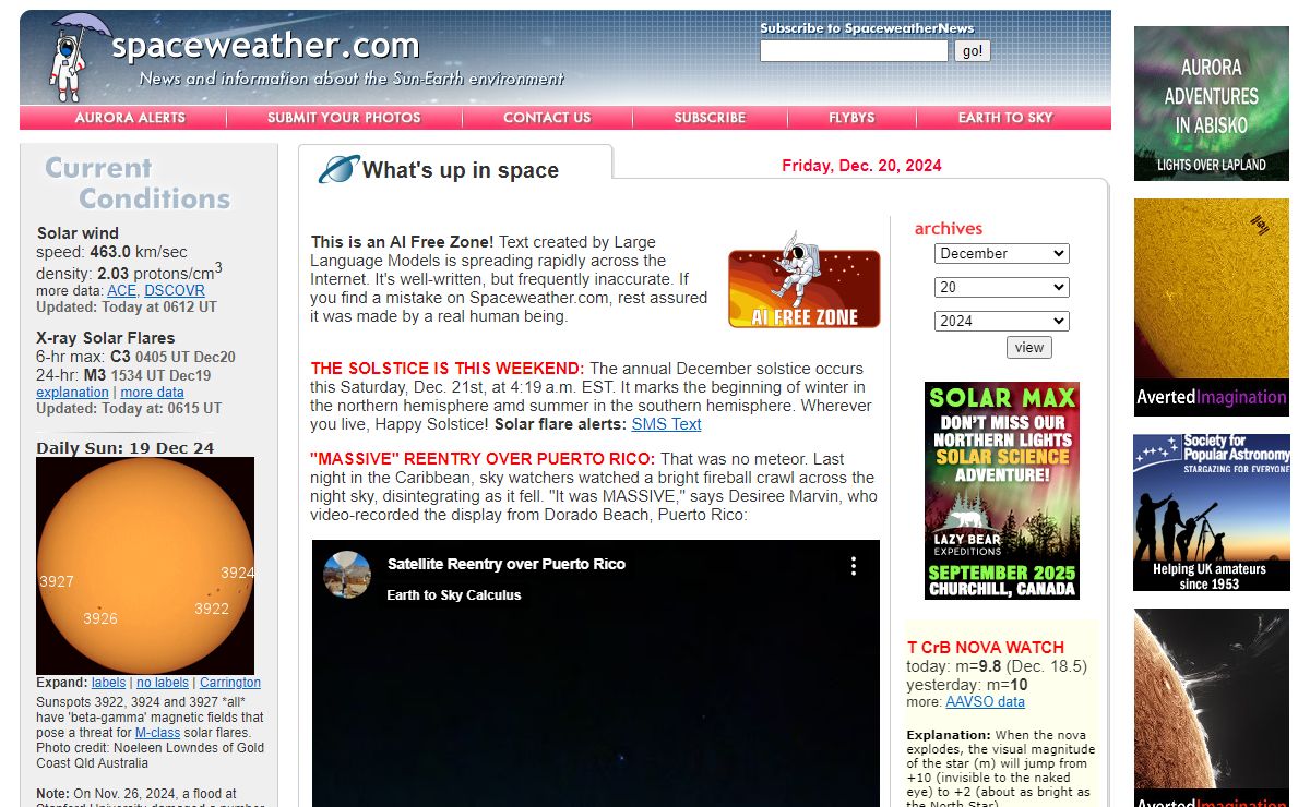 SpaceWeather.com -- News and information about meteor showers, solar flares, auroras, and near-Earth asteroids