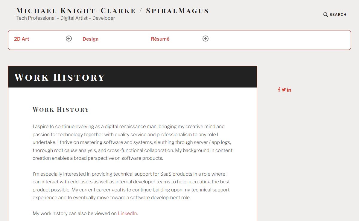 Work History - Michael Knight-Clarke / SpiralMagus