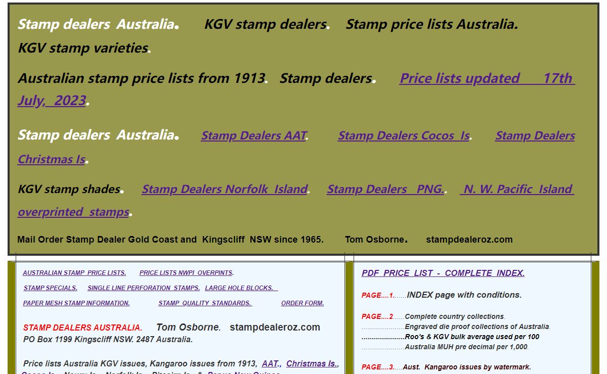 Stamp Dealers Australia - KGV shades price lists | Stamp price lists | Tom Osborne | Stampdealeroz