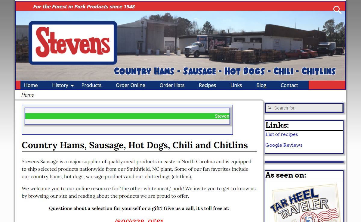Country Hams, Sausage, Hot Dogs, Chili and Chitlins - Stevens Sausage Company