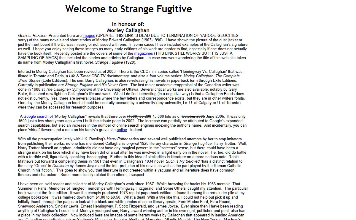 Strange Fugitive: in Honour of Morley Callaghan by John W. MacDonald