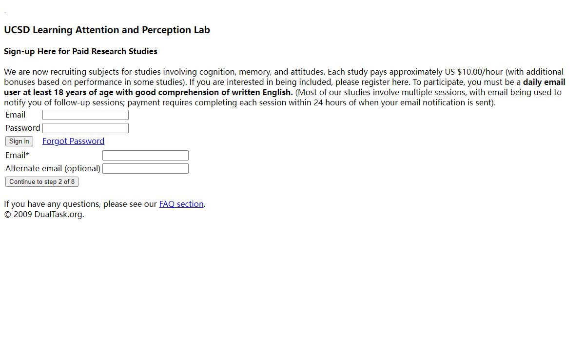 Subject Signup for UCSD Learning, Attention & Perception Lab