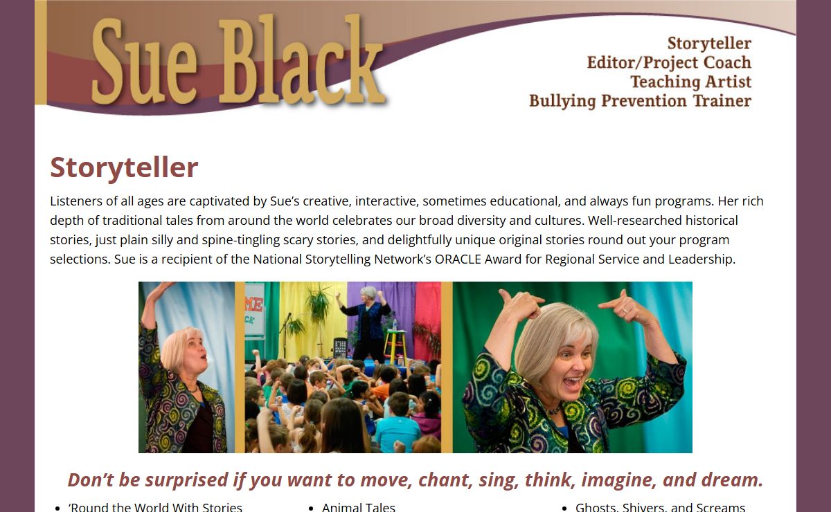 Sue Black – Storyteller, Teaching Artist, Bullying Prevention Trainer