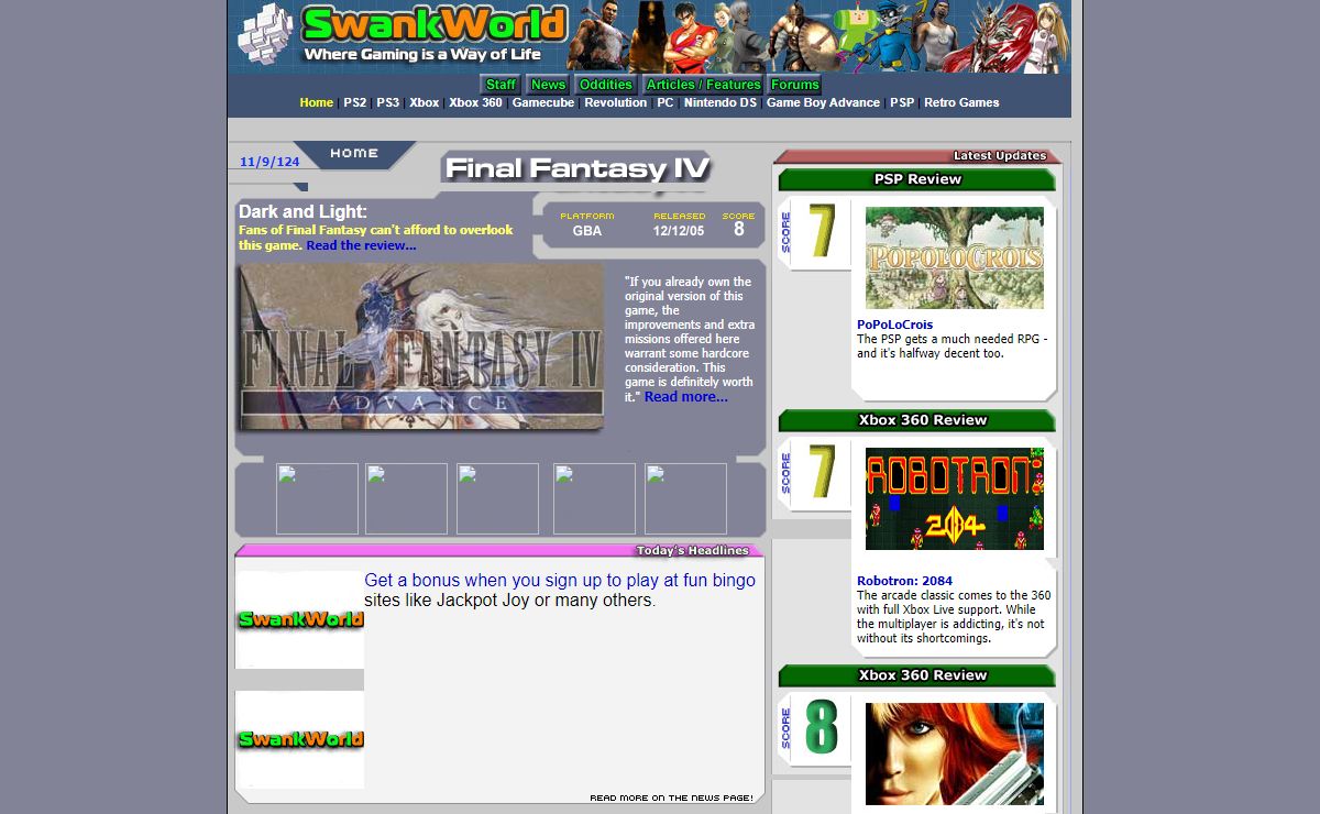 SwankWorld - PS2, PS3, Xbox 360, Xbox, Gamecube, GBA, PC, DS, PSP, and Classic game news, reviews, and info