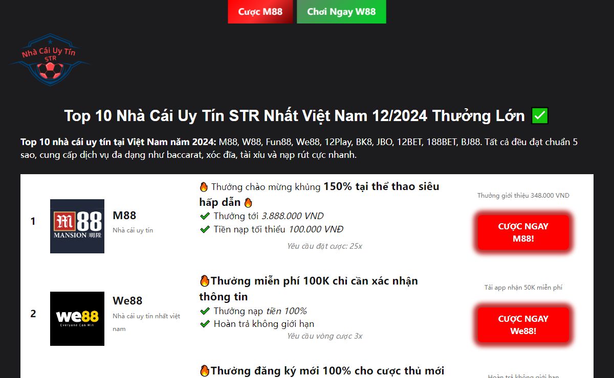 Top 10 Nhà Cái Uy Tín STR Nhất Việt Nam 2024 Thưởng Lớn ✅