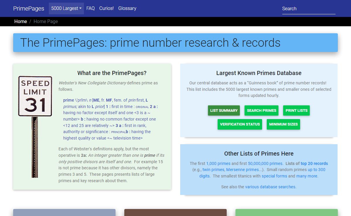 PrimePages: prime number research records and results