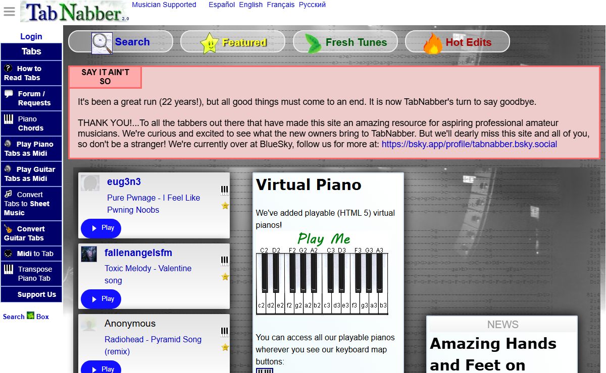 TabNabber - piano tabs, tablature, chords, sheet music, notes