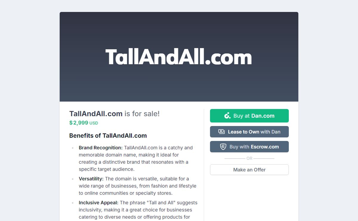 Aftermarket.com | The domain TallAndAll.com is for sale!
