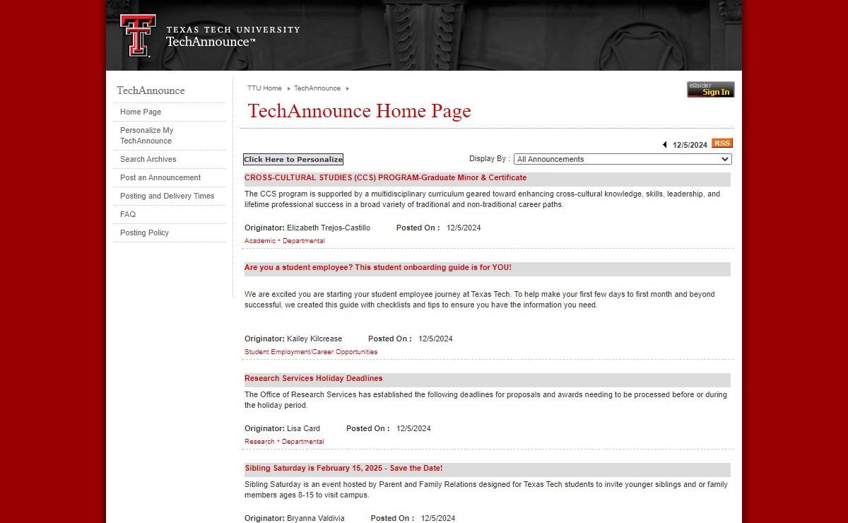 Texas Tech University :: TechAnnounce