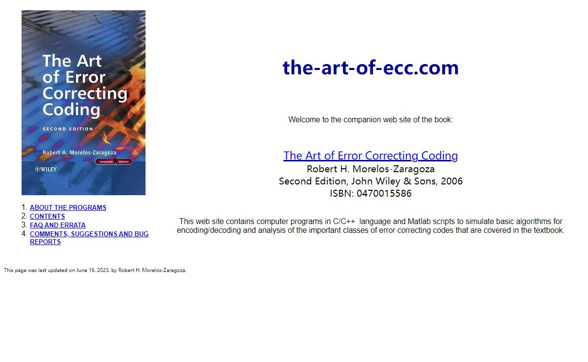 The Art of Error Correcting Coding: Web Site