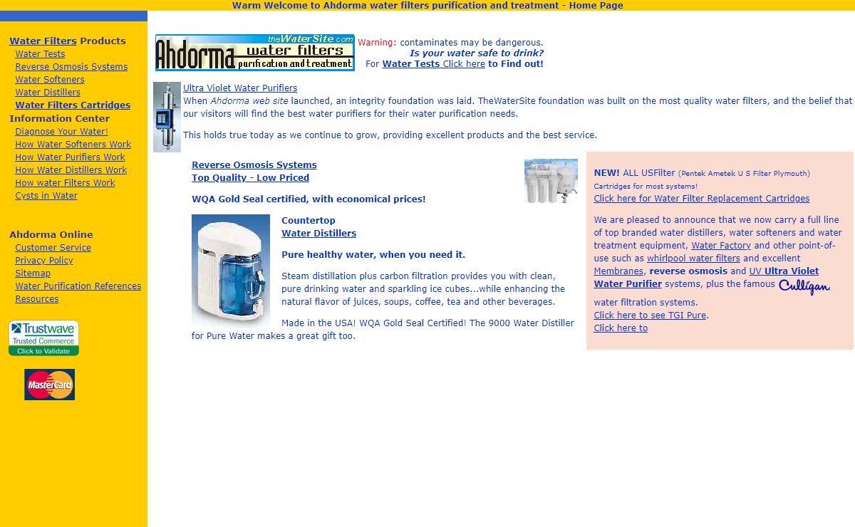 Home Water Filters, Ultra Violet (UV) Water Treatment, Reverse Osmosis Filtration System, Water Purifiers, Distillers & Softeners
